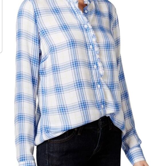 Maison Jules Plaid Ruffled button Down Top - Picture 1 of 5